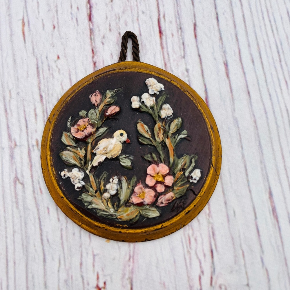 Vintage Filke German Hand Painted Bird Floral Relief Wall Plaque Regensburg Art - Picture 2 of 8
